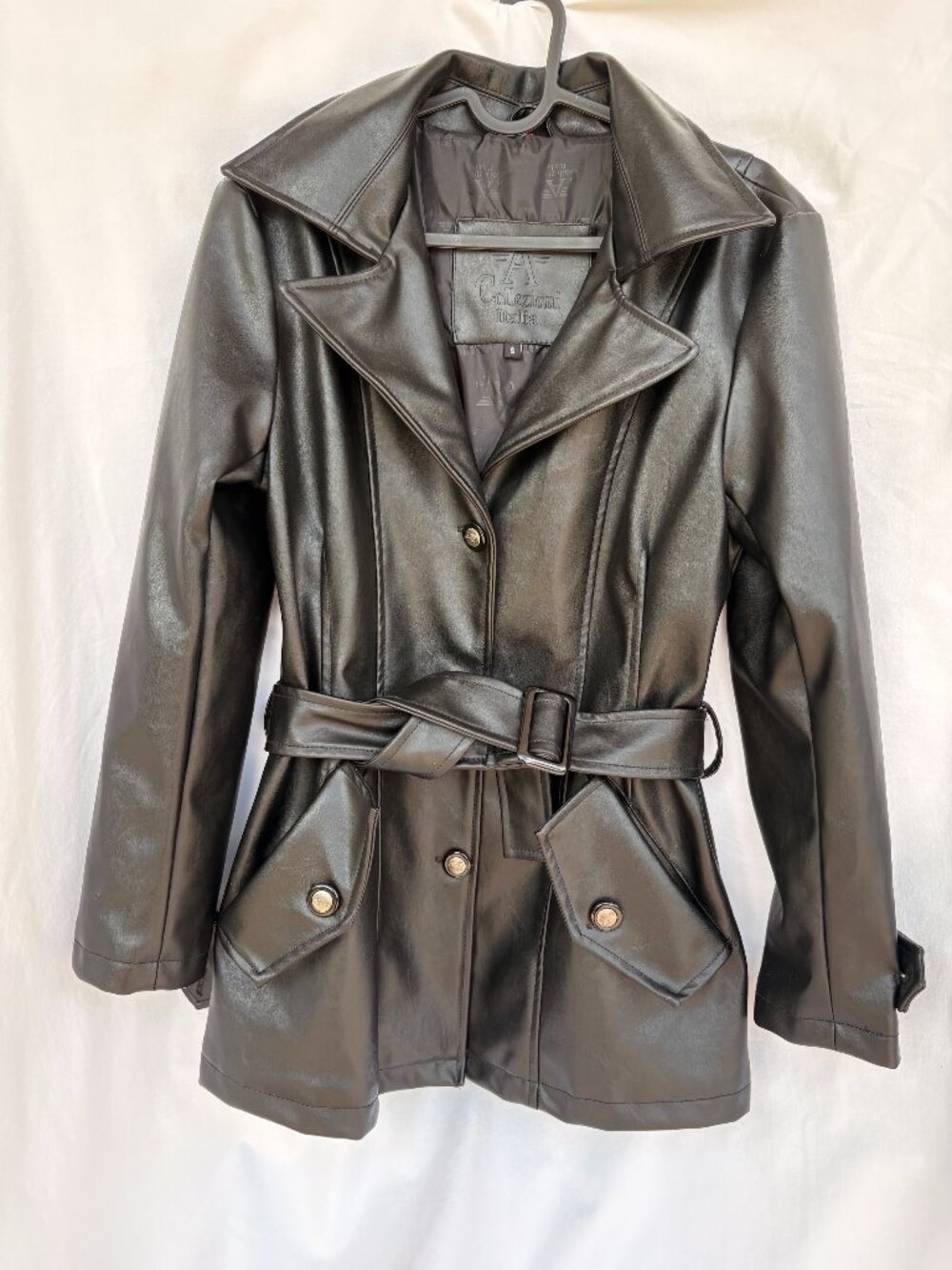 A Collezioni Italia Black Faux Leather Belted Jacket Small